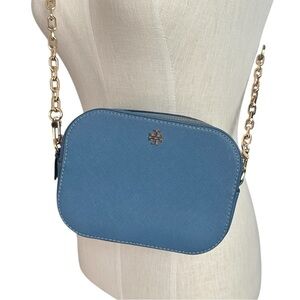 NWOT Tory Burch Saffiano Denim Blue Leather Gold Chain Crossbody Bag